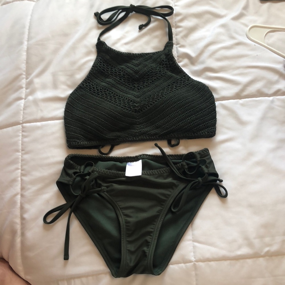 Olive swimsuit.